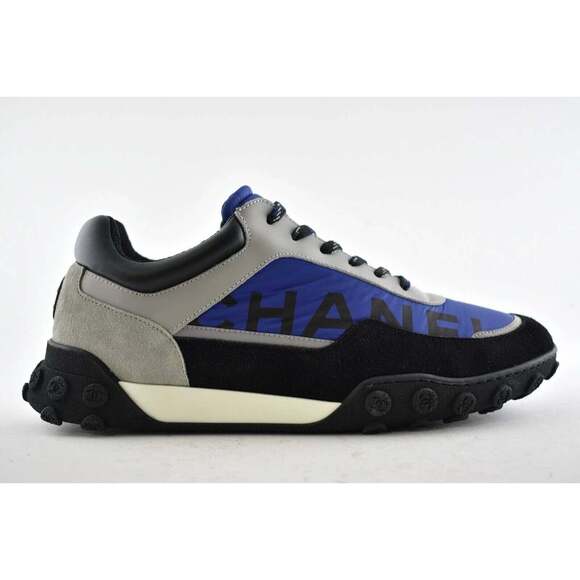 Chanel Mens 18B Black Blue Grey Nylon CC Logo Lace Low Top Trainer Sneaker 43 10 - Picture 1 of 11